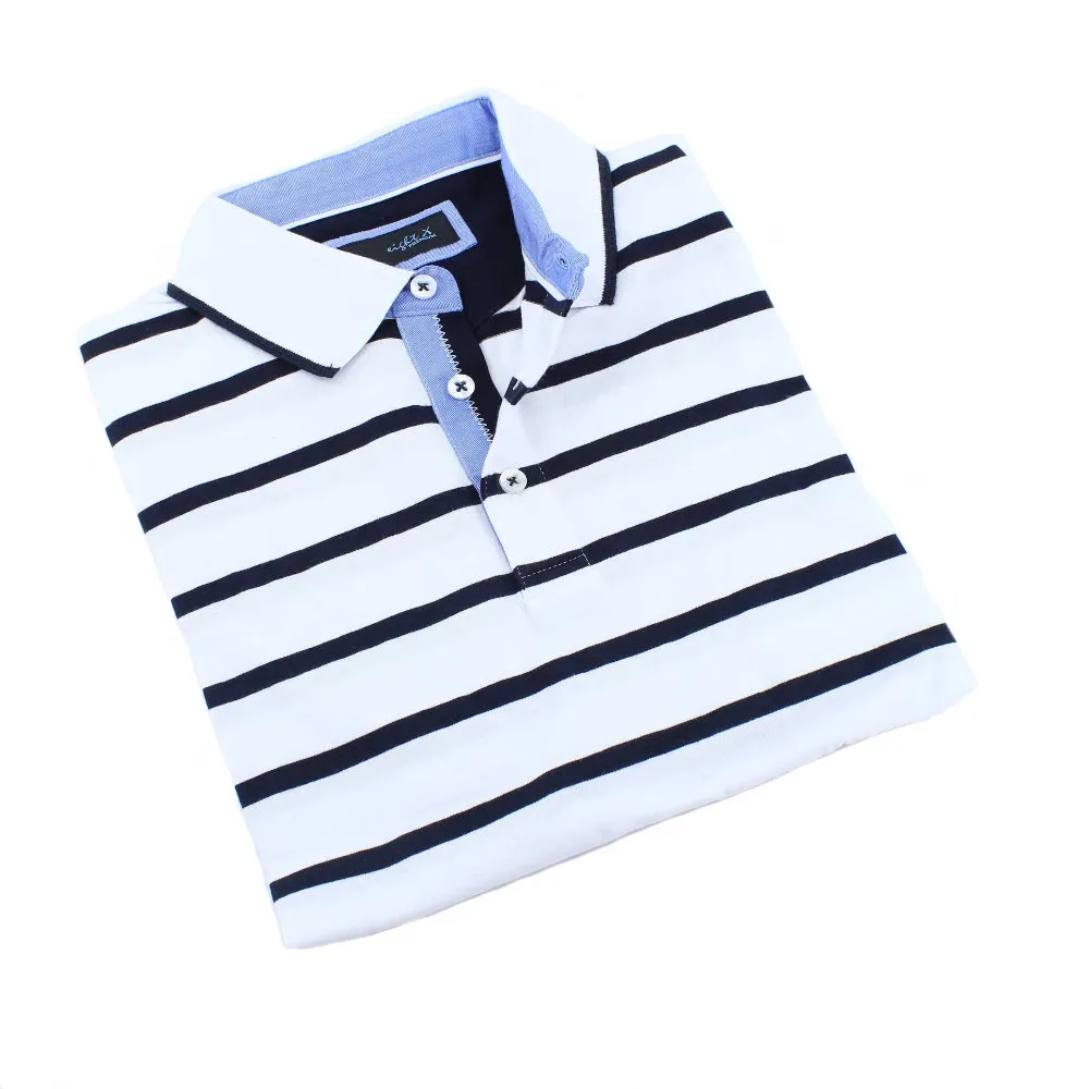 White And Navy Striped Polo With Trim