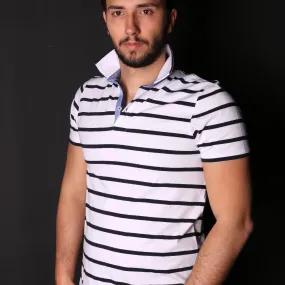 White And Navy Striped Polo With Trim