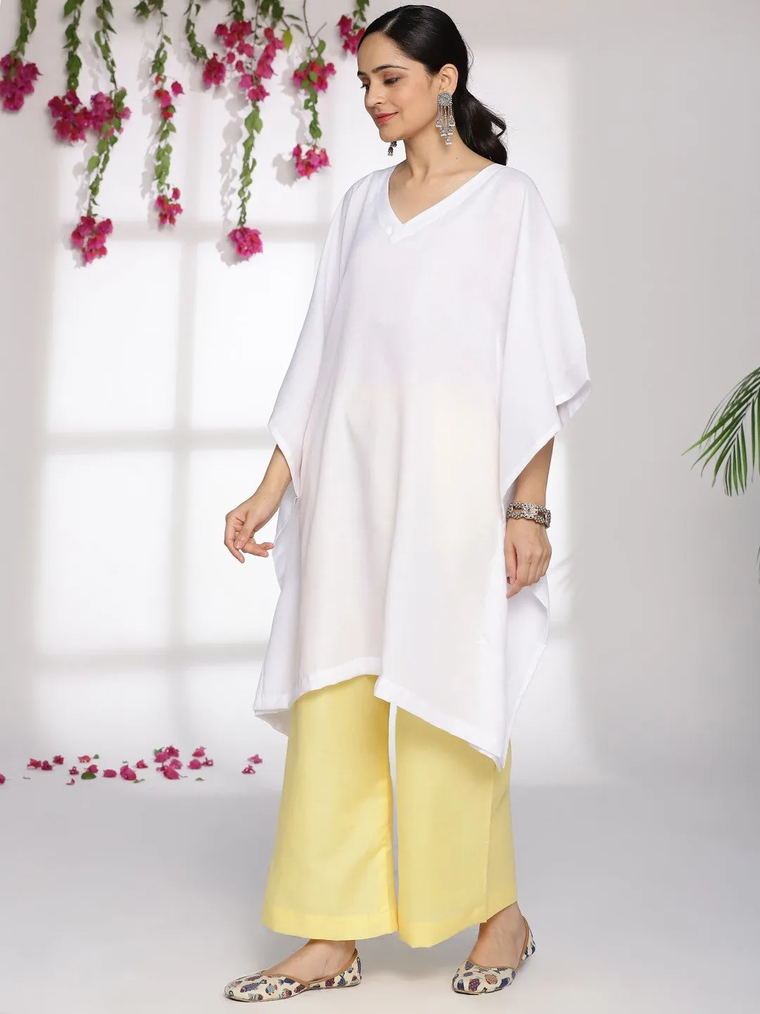 White CottonSlub Long Kaftan & Yellow Palazzo