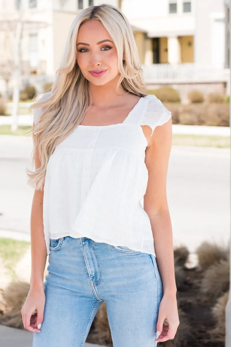 White Ruffle Tank Top with Wide Strap and Square Neck