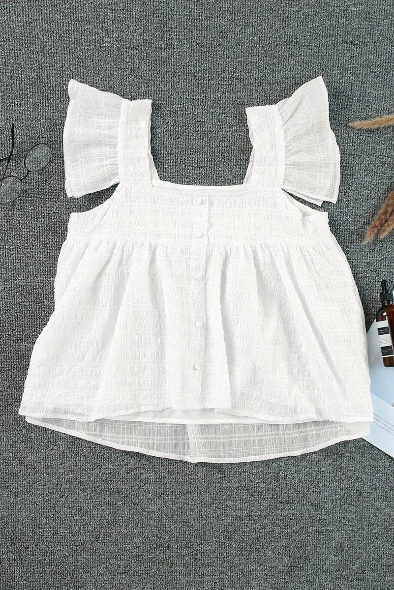 White Ruffle Tank Top with Wide Strap and Square Neck