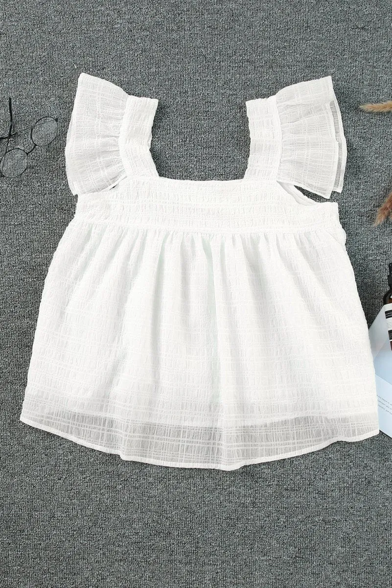 White Ruffle Tank Top with Wide Strap and Square Neck