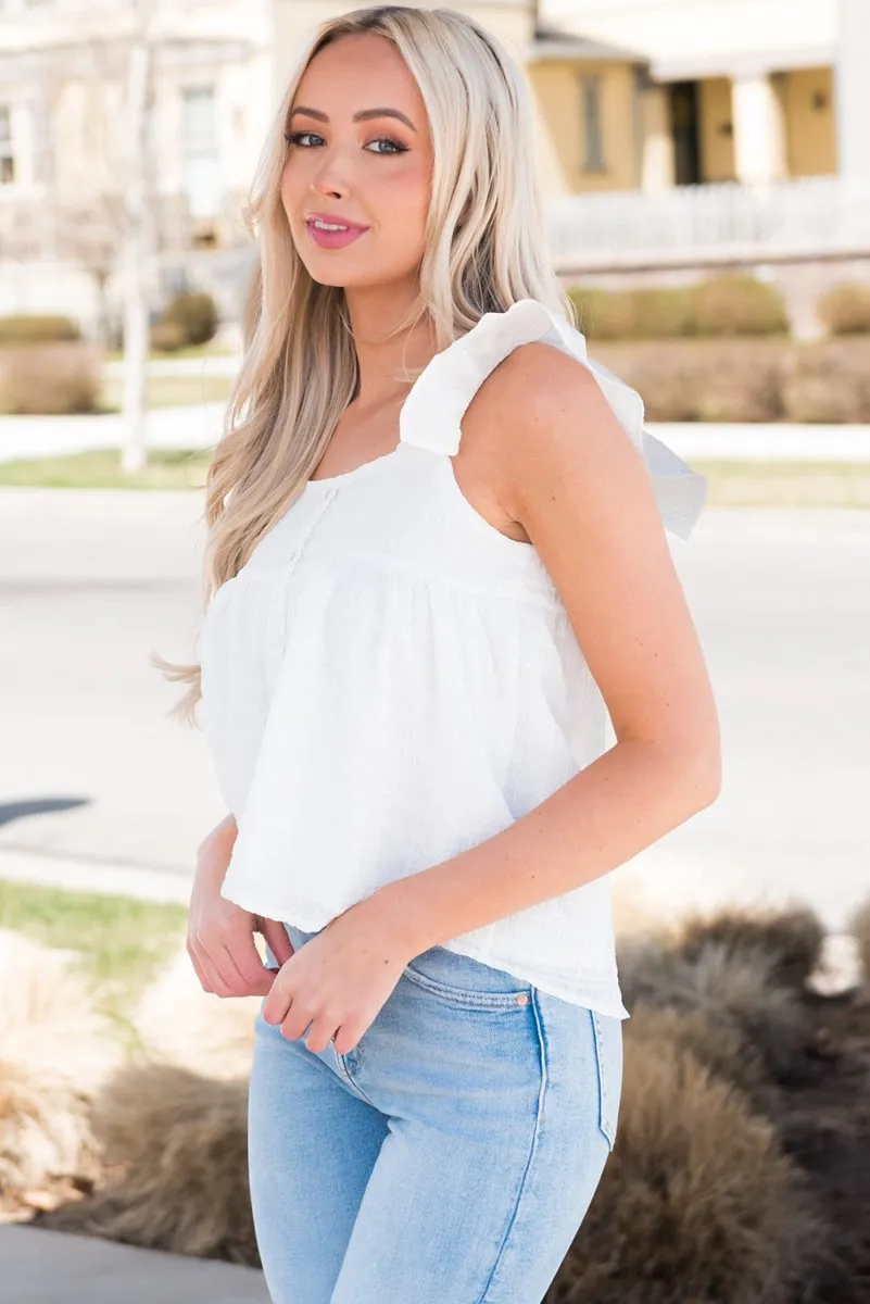 White Ruffle Tank Top with Wide Strap and Square Neck