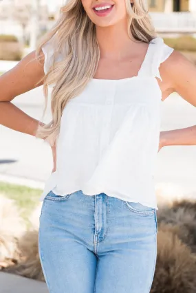 White Ruffle Tank Top with Wide Strap and Square Neck