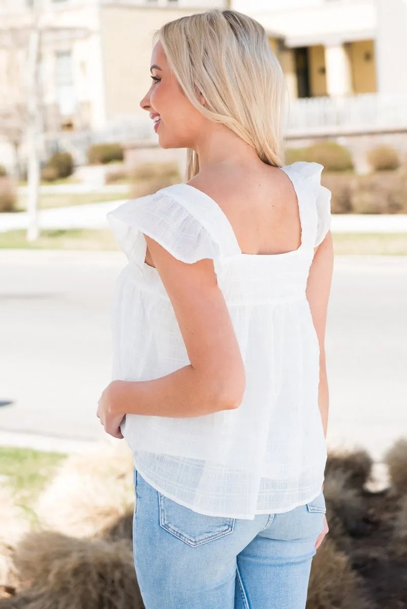 White Ruffle Tank Top with Wide Strap and Square Neck