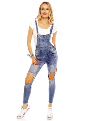 Women's light blue ripped faded cropped leg jeans Dungarees Overall