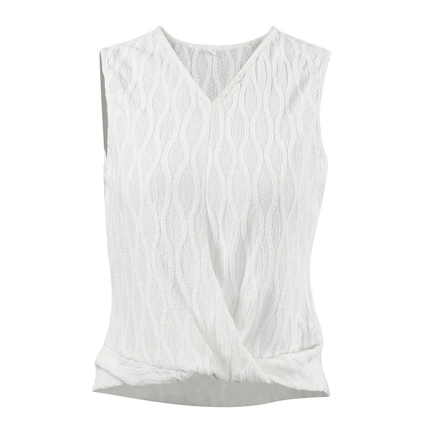 Women's Summer White Sleeveless V-Neck Jacquard Knit Tank Top